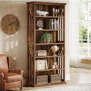 lot 6423 image: 6-Tier Bookshelf, 75-Inch Tall Bookcase, Large Bookshelves and Bookcases Freestanding Display Shelves, Wood Book Shelf for Living Room, Home Office, Bedroom, Brown - Retail $200