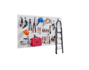 lot 6440 image: VEVOR Slat Wall Paneling, 8 x 4 ft, PVC Garage Slatwall with Modular Design, White Slat Wall Easy-to-Install Adjustable Slatwall Panel with Coupling Structure & DIY Cutting, Fits for Storage & Display - Retail $122