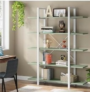 lot 6443 image: 5-Tier Bookshelf, Vintage Industrial Style Bookcase 72 H x 12 W x 47L Inches (Green) - Retail $159