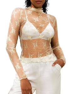 lot 7513 image: 5 Count of DOROSE Womens Long Sleeve Mesh Top Mock Neck Sheer Blouse See Through Floral Lace Tops Beige X-Large