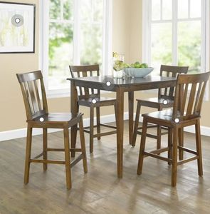 lot 16927 image: Mainstays 5 Piece Mission Counter Height Dining Set, Solid Wood, Cherry Color for Indoor - Retail $258
