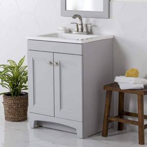 lot 6448 image: Delridge 25 in. Single Sink Pearl Gray Bath Vanity with White Cultured Marble Top (Assembled) - Retail $259
