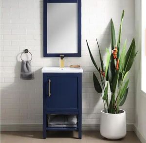 lot 6451 image: Taylor 20 in. W x 15 in. D x 34 in. H Bath Vanity in Navy Blue with Ceramic Vanity Top in White with White Sink - Retail $397