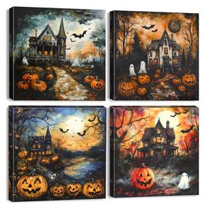lot 7067 image: Vintage Dark Castle Halloween Wall Art Moody Spooky Pumpkin Pictures Living Room Wall Decor Abstract Horror Haunted Forest Ghost Bat Canvas Poster Country Artwork for Bedroom Home Decoration 12x12 4P