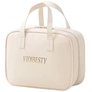 lot 7566 image: VIDIBESTY Travel Makeup Bag Skin-feel Leather, Large Capacity Cosmetic case for Women, Waterproof Portable Make up Organizer with Divider and Handle for Toiletries, Beauty Essentials (Beige)
