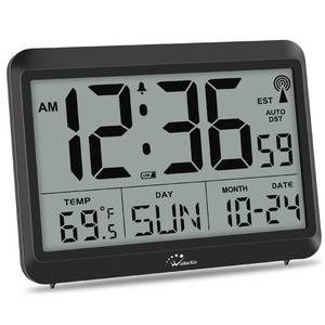 lot 13050 image: WallarGe Atomic Digital Wall Clock Battery Operated, Self-Setting, Large Display with Temperature, Date, Day of The Week, Silent Wall Mount Digital Clock, 4 Time Zones, DST