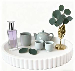 lot 13052 image: White 11 Resin Round Decorative Tray for Coffee Table Decor  Modern Circular Centerpiece for Coffee Table, Ottoman, Vanity &amp Entryway