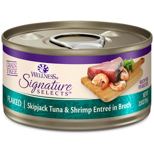 lot 15691 image: Wellness CORE Signature Selects Grain Free Canned Cat Food  Flaked Skipjack Tuna &amp Shrimp in Broth  2.8 Ounces (Pack of 12)&nbsp
