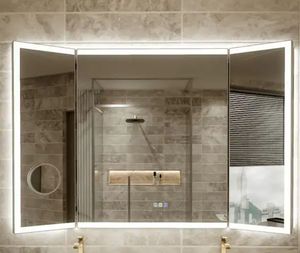 54 in. W x 36 in. H Tri-Fold Rectangular Framed Wall Mount LED Bathroom Vanity Mirror with 10X Magnification Mirror - Retail: $620