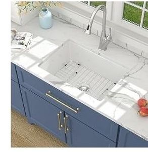 lot 16933 image: Lordear Undermount Kitchen Sink 27 Inch White Fireclay Porcelain Ceramic Single Bowl Rectangular 27x19x10 Inch Dual Installation Kitchen Sinks - Retail $270