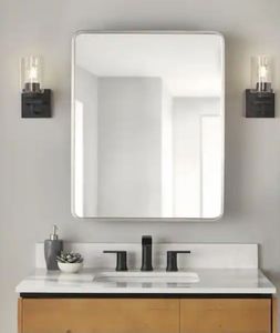 lot 16934 image: Glacier Bay24 in. W x 30 in. H Rounded Corner Rectangular Brushed Nickel Medicine Cabinet with Mirror - Retail $225