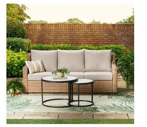 lot 16936 image: Better Homes & Gardens River Oaks Outdoor Sofa & 2 Nesting Tables with Patio Cover, Natural - Retail $700
