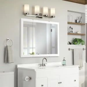 Design HouseWyndham 36 in. W x 30 in. H x 4-3/4 in. D Framed Tri-View Surface-Mount Bathroom Medicine Cabinet in White Semi-Gloss - Retail: $308