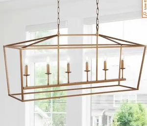 lot 16946 image: JONATHAN YPagoda 49 in. 6-Bulb Antique Gold Farmhouse Lantern Metal LED Pendant - Retail $167