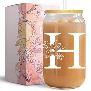 lot 7075 image: Vanteen Initial Glass Cup, 16 oz Glass Cup with Lid and Straw (Letter H)