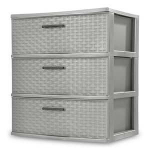 lot 6478 image: Sterilite Storage Drawer 3 Drawer Plastic Weave Wide Tower with Pull Handles Gray