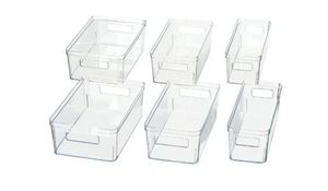lot 6482 image: Mainstays 6-Piece Clear Plastic Fridge Storage Organizer Bin Set, Refrigerator Organizer Containers for Kitchen, Pantry and Cabinet Organization