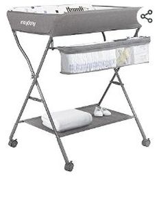 lot 6489 image: Baby Changing Table with Wheels, Maydolly Portable Adjustable Height Folding Diaper Station with Nursery Organizer & Storage Rack for Newborn Baby and Infant (Light Grey) - Retail $95