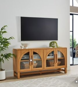 lot 6506 image: Better Homes & Gardens Juliet Arc TV Stand for TVs up to 65, Light Honey Finish (See Details)- Retail $198