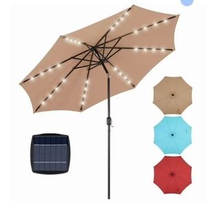lot 6507 image: 10ft Solar Polyester 32 LED Lighted Patio Umbrella with Tilt Adjustment and UV-Resistant Fabric, Khaki-1