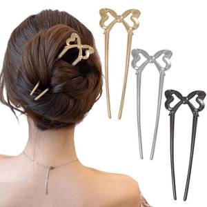 lot 7670 image: 3 pcs Vintage U Shaped Black Silver Gold Metal Hair Forks for Long Thick Hair
