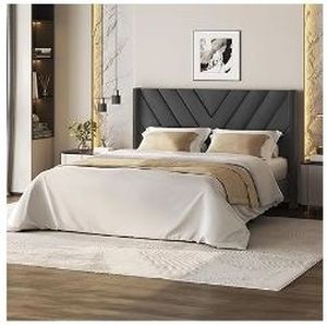 lot 16977 image: Yaheetech Queen Bed Frame Upholstered Platform Bed with Wing SideWooden Slat SupportTufted Headboard with Wing SideMattress FoundationNo Box Spring Needed,Deep Gray Queen Bed - Retail $120