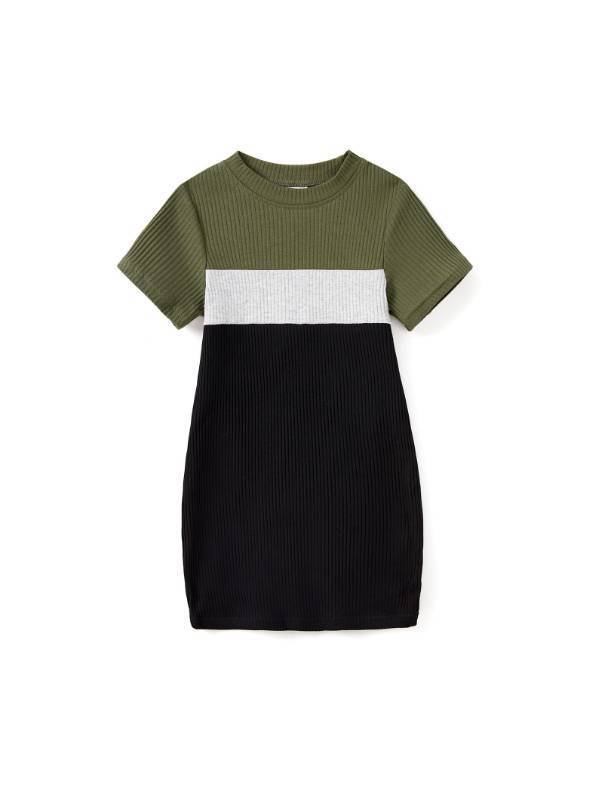 lot 9824 image: Short Sleeve Colorblock Striped Ruched Bodycon Midi Dress Army Green Grey Black Stripe Dresses for Girls 6-7 Years
