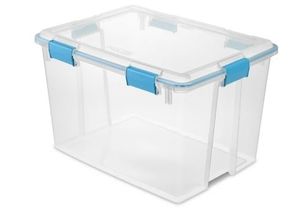 lot 6559 image: Sterilite Large Gasket Box, 80 Quart Clear Weather-Resistant Plastic Storage Bin with Gasket Seal and Latch Lid, Blue - Retail $30