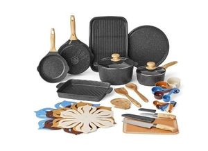 lot 6567 image: The Pioneer Woman 32-Piece Nonstick Cast Aluminum Cookware and Kitchen Utensil Set, Charcoal - Retail $97