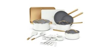 lot 6578 image: Beautiful 21-Piece Ceramic Nonstick Cookware Set with Pots and Pans, Bakeware, and Kitchen Tools, White Icing by Drew Barrymore - Retail $89