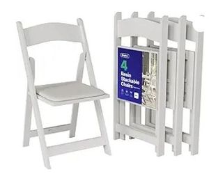 lot 6597 image: 4 White Folding Chairs Resin Stackable Foldable Chairs with Padded Seats Comfortable White Folding Chairs for IndoorOutdoor Events Lightweight Resin Chairs (4 Pack) - Retail $135