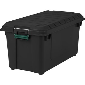 lot 6598 image: Pack of 4, IRIS x Remington 82qt Store-It-All Heavy Duty Plastic Storage Tote Bin with Lid Black Stackable, Airtight Utility Tubs - Retail $132