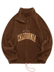 lot 7686 image: ZAFUL Mens Letters Embroidered Raglan Sleeve Quarter Zip Fleece Vintage Pullover Sweatshirt (CALIFORNIA-Coffee, Medium) - Retail $50