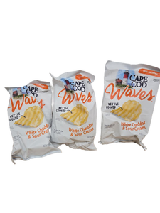 lot 7695 image: Cape Cod Waves Potato Chips, Wavy Cut White Cheddar & Sour Cream Kettle Chips, 7 Oz (Pack of 3) BEST BY JANUARY 10, 2026