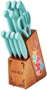 lot 13172 image: The Pioneer Woman Breezy Blossoms 11-Piece Stainless Steel Knife Block Set, Teal