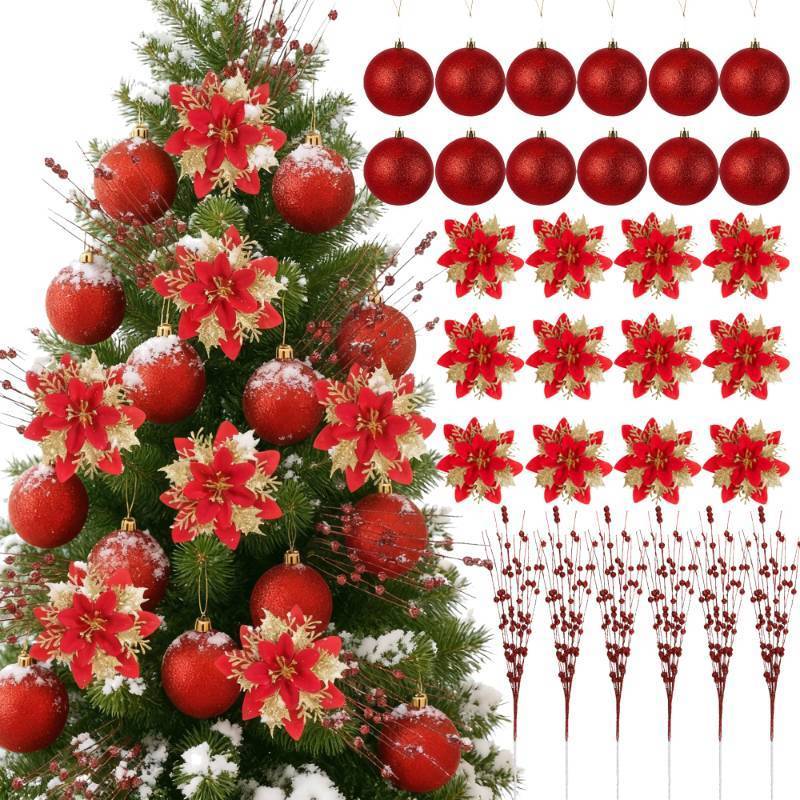 lot 4662 image: 36 Pcs Large Glitter Red Poinsettia Christmas Tree Decorations