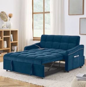 Sofa Bed with Pull-out Bed Adjsutable Back and Two Arm Pocket TypeC and USB Charging with Copper nail Blue - Retail: $306