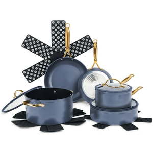 lot 6643 image: Thyme & Table 12-Piece Non-Stick Cookware Set  Signature Collection Pots and Pans Set - Blue (MISSING ONE PIECE) - Retail $89