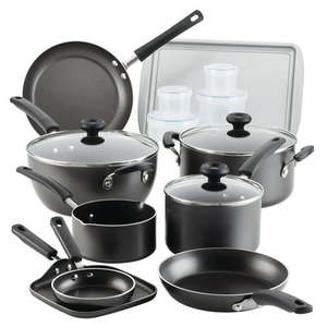 lot 6644 image: Farberware Easy Clean 20 Pcs Nonstick Cookware Set and Glass Lids with Cooking Tools and Food Storage Containers  Dishwasher Safe Gray - Retail $74