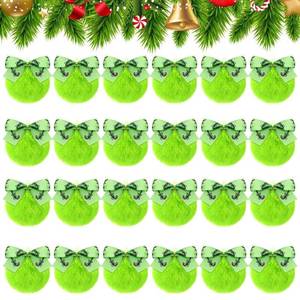 lot 7222 image: 24-Pack Lime Green Furry Christmas Balls with Bow, 4