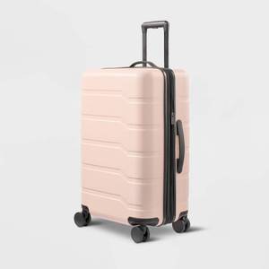 lot 13227 image: Hardside Medium Checked Suitcase Pink - Open Story Solid Pattern, Water-Resistant, 8 Wheels Dimensions (Overall)26.25 Inches (H) x 16.75 Inches (W) x 10.5 Inches (D) - Retail $111