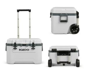 lot 16989 image: Igloo 52 QT Overland Ice Chest Cooler with Wheels, White - Retail $108
