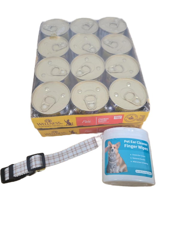 lot 10002 image: Pet Care Bundle - Wellness Cat Food, Dog Collar, and Ear Cleaning Wipes, CAT FOOD BEST BY MAY 30, 2028