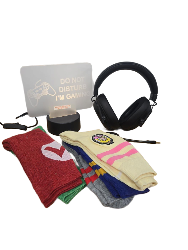 lot 10148 image: Gaming Bundle Gift Set - Razer BlackShark V3 X HyperSpeed Gaming Headset, LED Sign & Character Socks - Retail $95