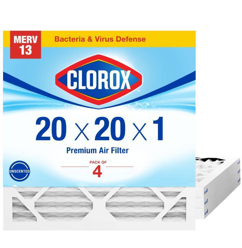 lot 2828 image: Clorox 20x20x1 Air Filter, MERV 13 Pleated HVAC AC Furnace Air Filters for Allergies, Pet Dander, Smoke and more, MPR 1500 &amp FPR 10&nbsp Pack of 4