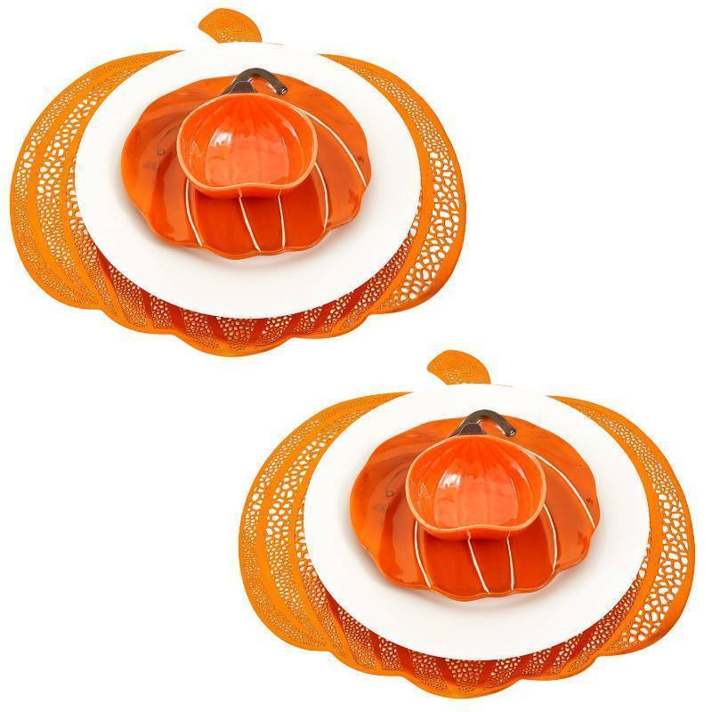 lot 43 image: 8 Pcs Thanksgiving Fall Tableware Set Include Large Ceramic Pumpkin Shaped Plates