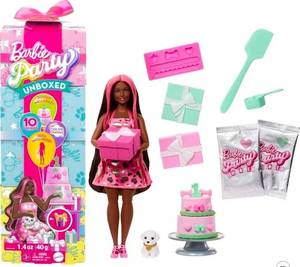 lot 1551 image: Barbie Party Unboxed Pet Birthday Series Doll and Accessories Shimmering Hearts Set with 10 Surprises