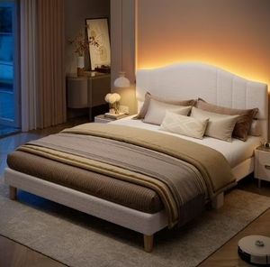 lot 6652 image: Pinmoco Queen Upholstered Bed Frame with Adjustable Arc-shaped Headboard, LED Platform Bed, Teddy Velvet White - Retail $126