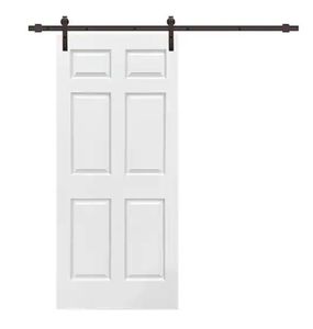 lot 6657 image: 36 in. x 80 in. White Primed MDF 6 Panel Interior Sliding Barn Door with Hardware Kit - Retail $400