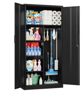 lot 6659 image: Wide & Deep Metal Storage Cabinet with Hanging Rod,Black Broom Closet Storage Cabinet with Lock,72 Tall Wardrobe Cabinets with Doors and Shelves,Locking Steel Tool Cabinets for Home,Office,Garage - Retail $180